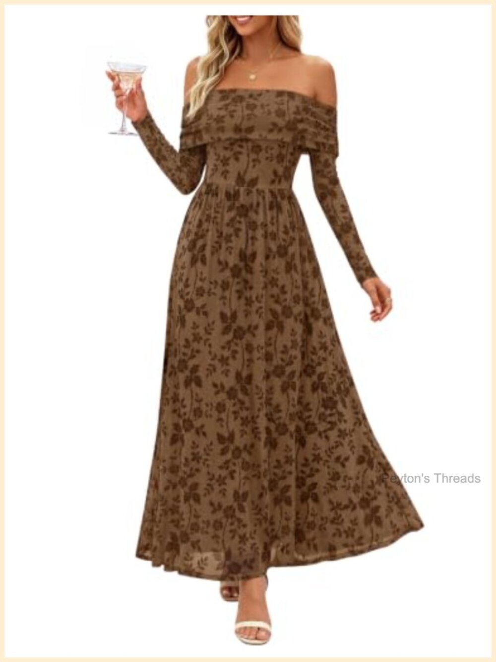 Off Shoulder Floral Maxi Dress Long Sleeve Backless Wedding Guest